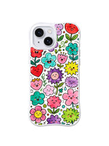 Sunshine Wildflower Friends: Loosely spaced smiling wildflowers in coral, pink, turquoise, yellow, purple and green rise on white.