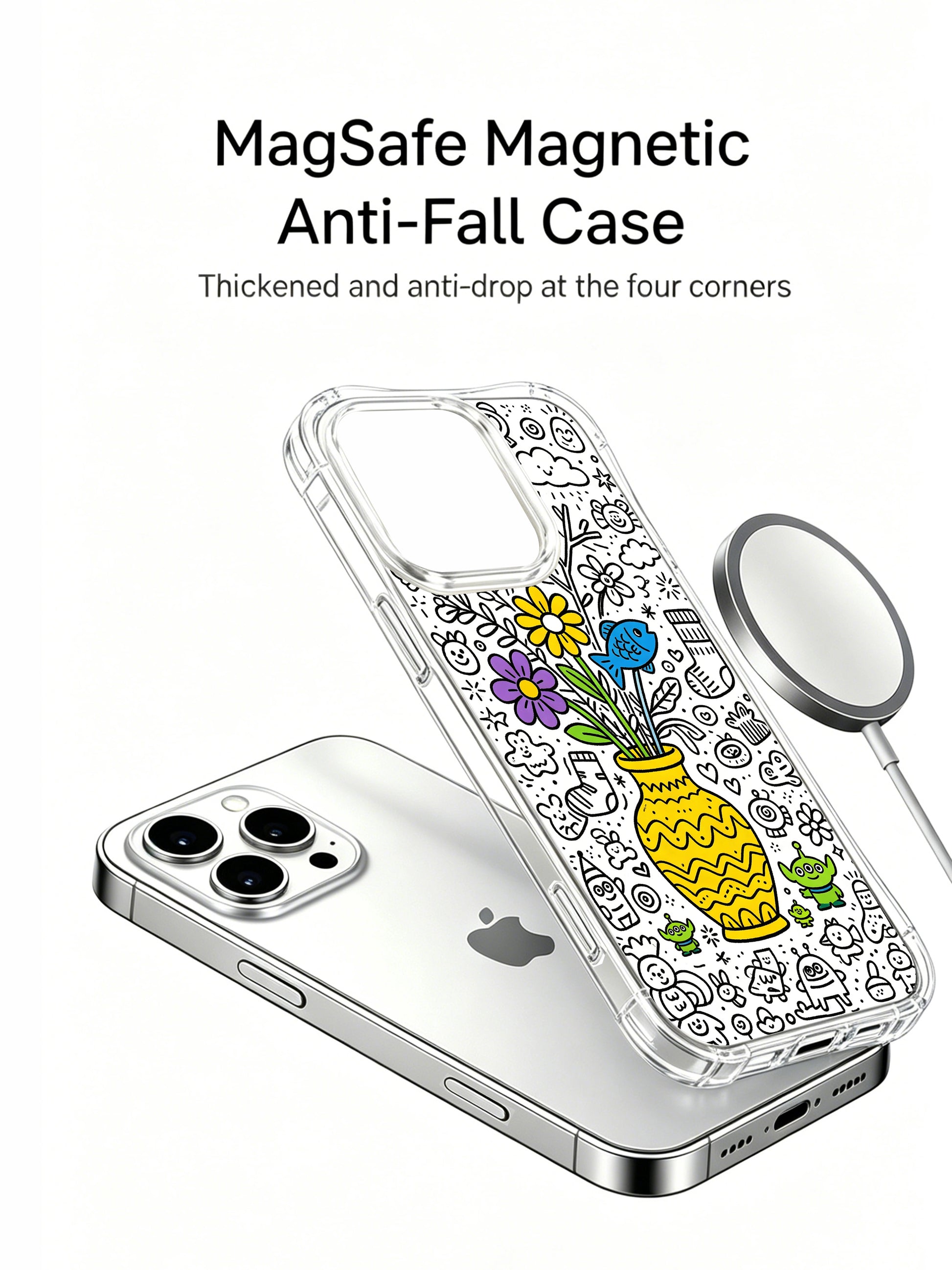 Whimsical flower, fish and alien vase character print iPhone 15 pro Case, limited licensed art phone casing crafted inside PhoneCasing’s California domestic factory, lightweight wearable art phone cover.