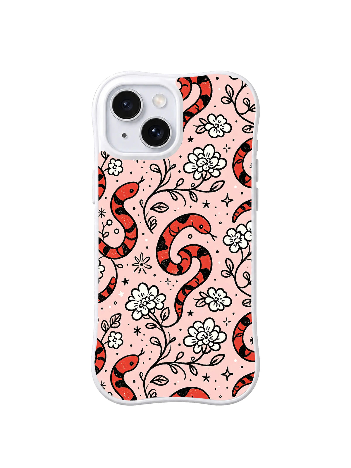 Flower Guardian Snakes: Coral snakes weave through white flowers and black curling vines on pink.