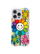 Rainbow Daisy Friends: Birkaç gülümseyen gökkuşağı çiçeği yoğun bahçede üst üste gelir.