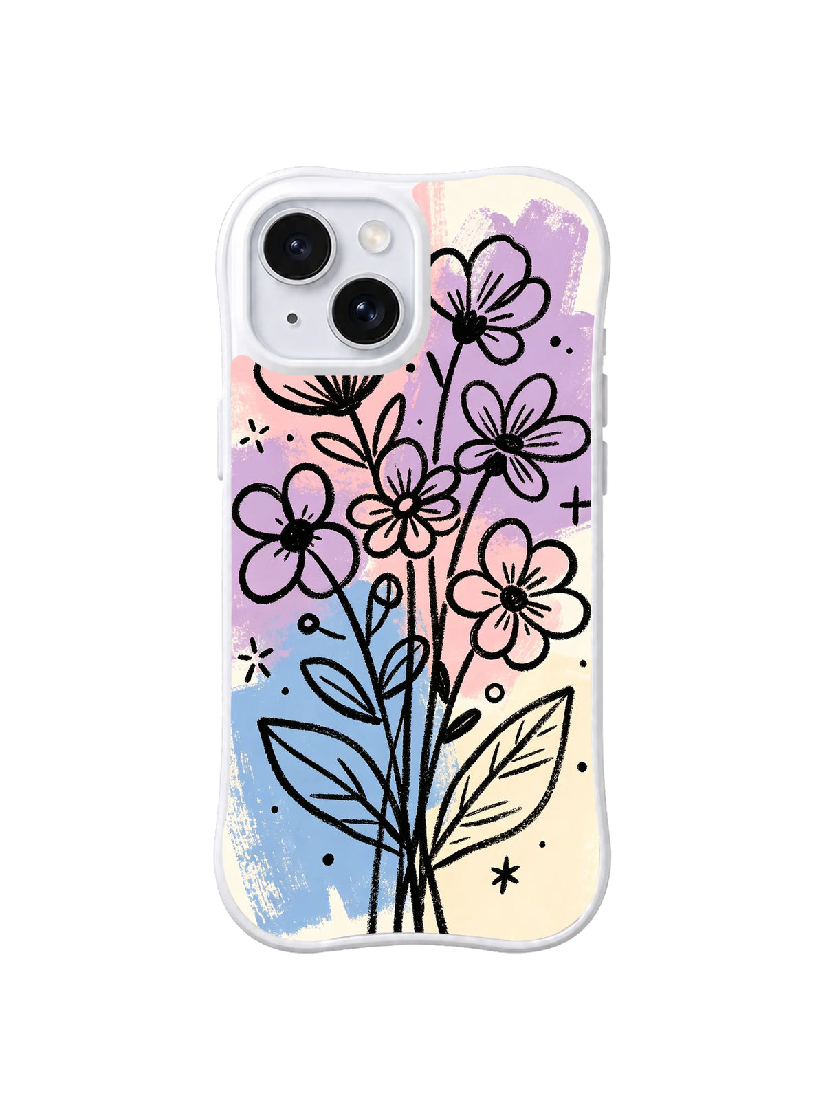 Blooming Sketch Bouquet: A loose bouquet of outlined flowers and large leaves stands over blue, pink and cream patches.