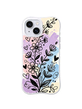 Heart Vine Daydream: A tall leafy flower stem rises among small hearts and blossoms on pastel brush blocks.