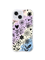 Pastel Wildflower Notes: A dense field of black-outlined daisies, leaves and hearts grows across cream, pink, lavender and blue.