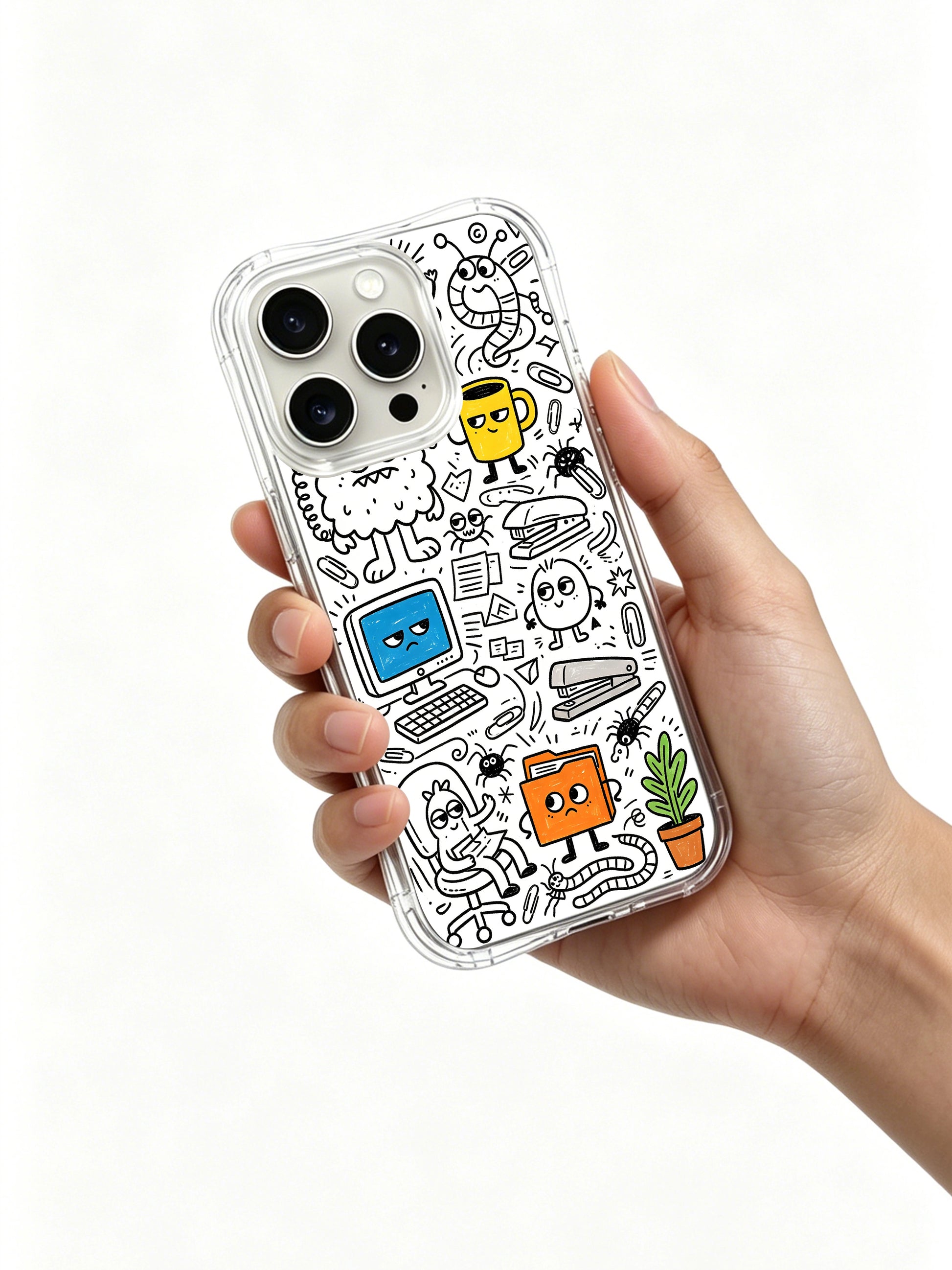 Friendly folder, PC and confused office monster gathering design iPhone 15 pro Case, durable antimicrobial phone casing exclusively developed by PhoneCasing.