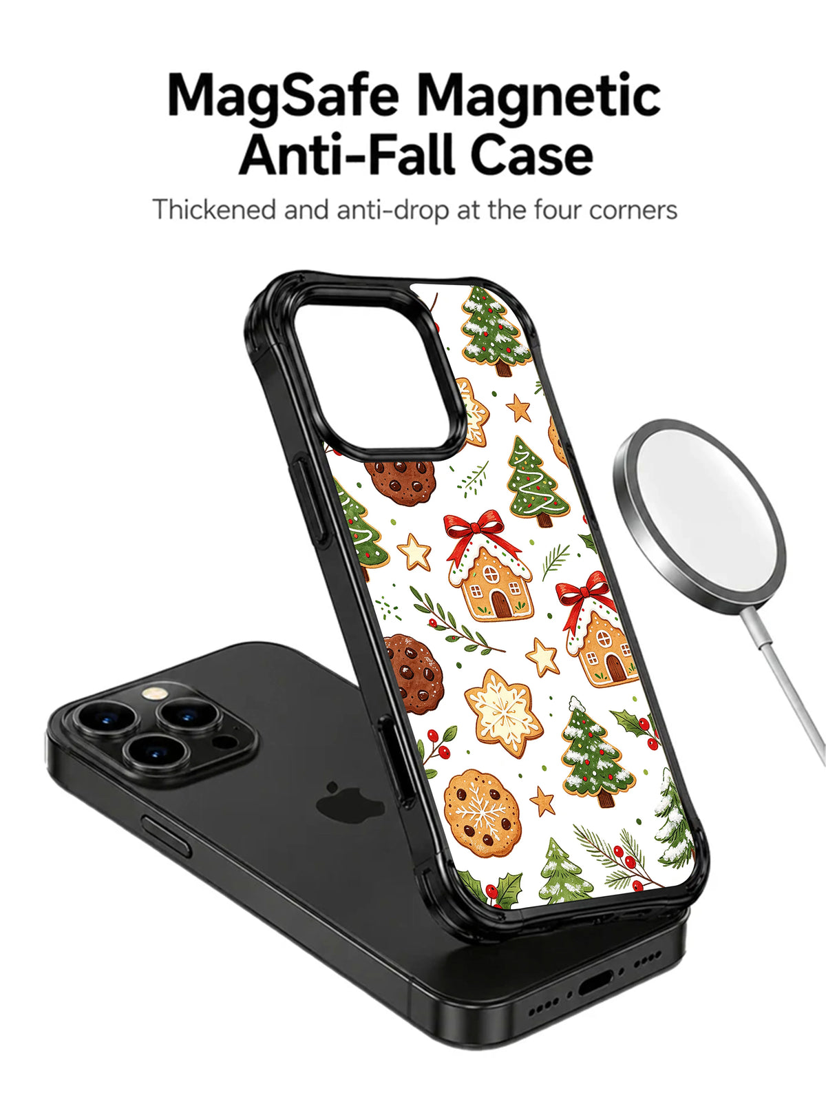 Forest Frost Cookies: A phone, separate illustrated case and round accessory in a product render.