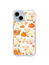 Forest Lamb Gratitude Basket: Standing and curled-up cream lambs alternating with orange pumpkins, flower baskets, little bows and scattered leaves.