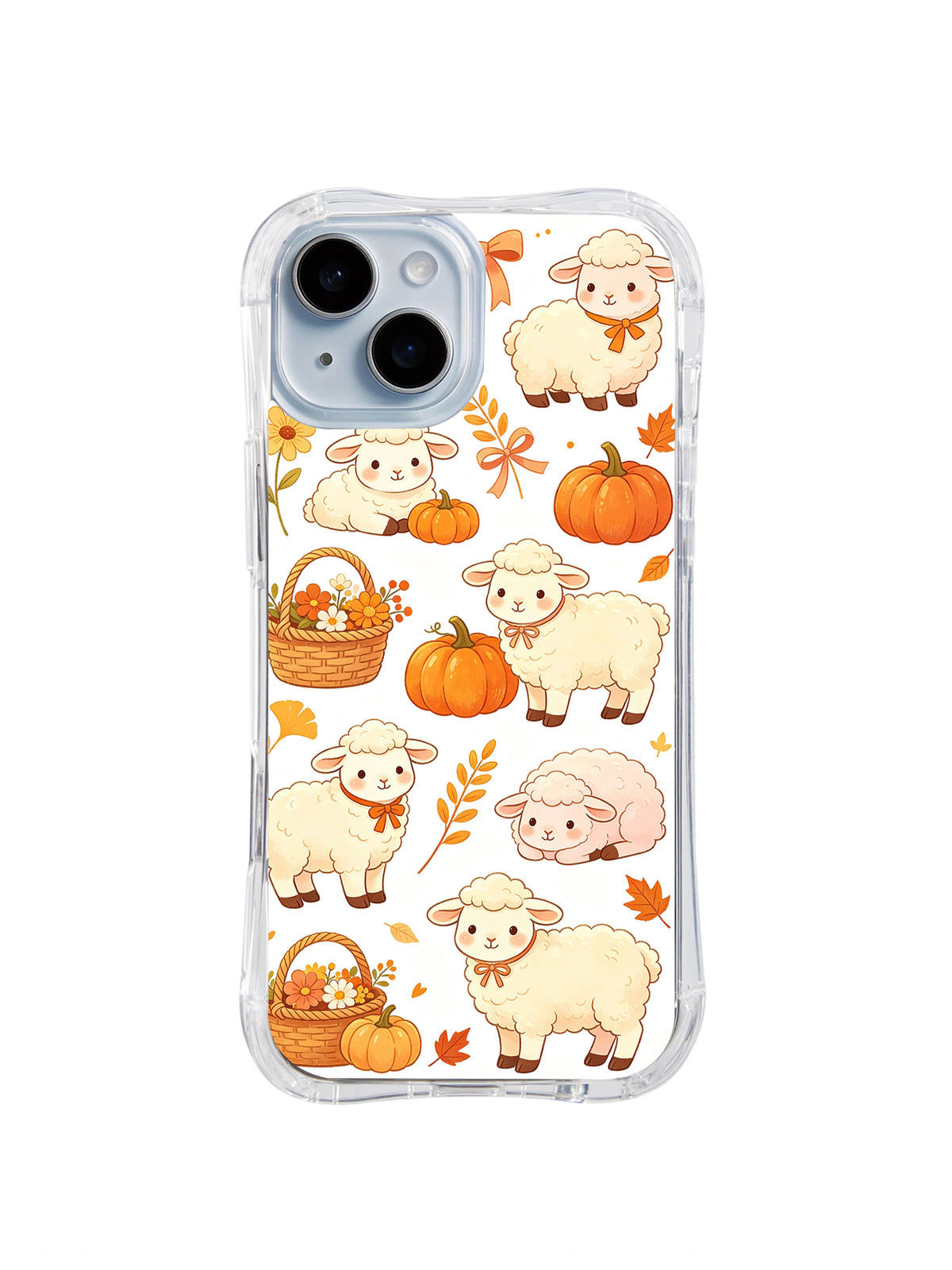 Forest Lamb Gratitude Basket: Standing and curled-up cream lambs alternating with orange pumpkins, flower baskets, little bows and scattered leaves.