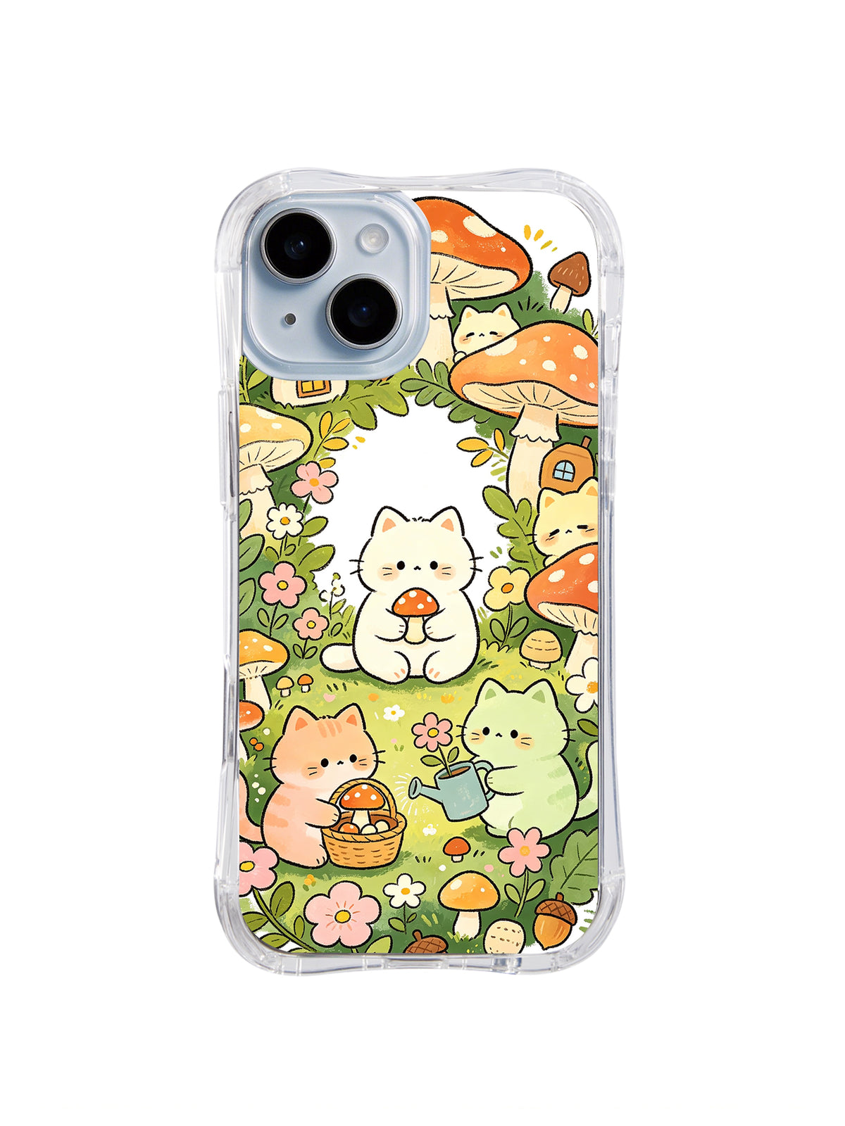 Forest Basket Cat Friends: Pastel cats carry baskets and plants through a flower-filled mushroom forest.