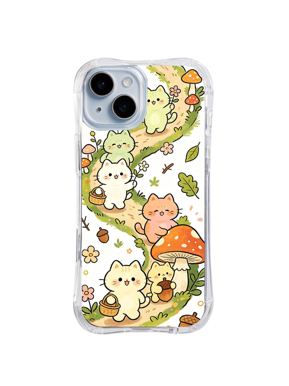 Woodland Trail Cat Parade: Cream, green and peach cats walk a leafy woodland trail with mushrooms.