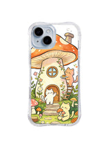 Mushroom Cottage Cat Village: Cats visit a tall mushroom cottage with steps, windows and garden flowers.
