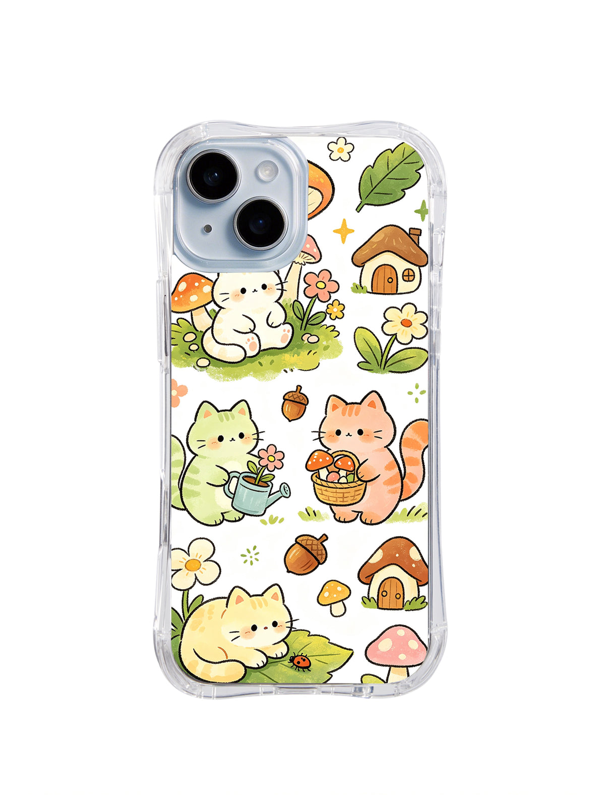 Flower Meadow Cat Picnic: Cats sit with baskets in a pale flower meadow dotted with mushrooms.
