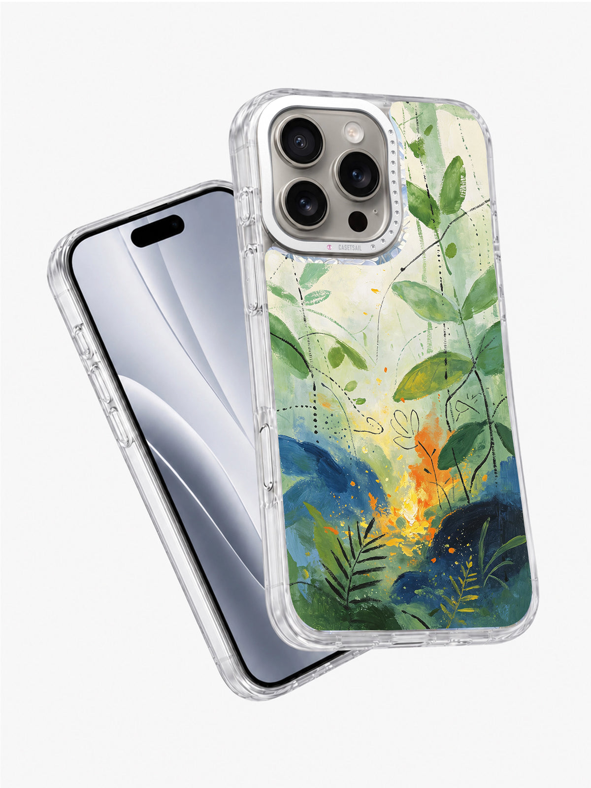 Green botanical spirit iPhone 16 Pro case angled view