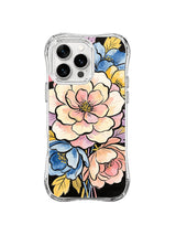 Peony Connection Garden: Large pink, cream, blue and yellow peony-like flowers overlap on black.