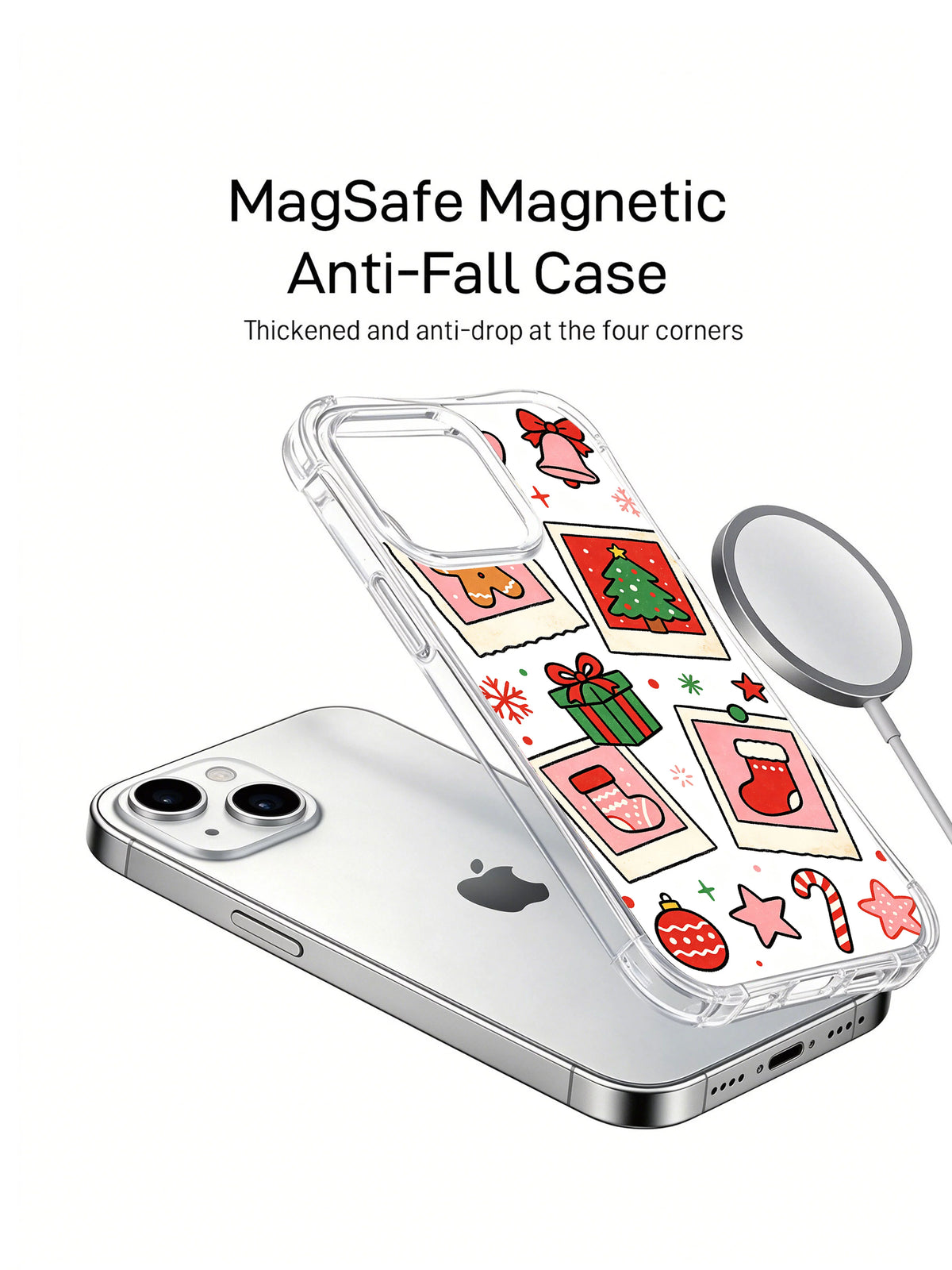 Forever Christmas Memories: A phone, separate illustrated case and round accessory in a product render.