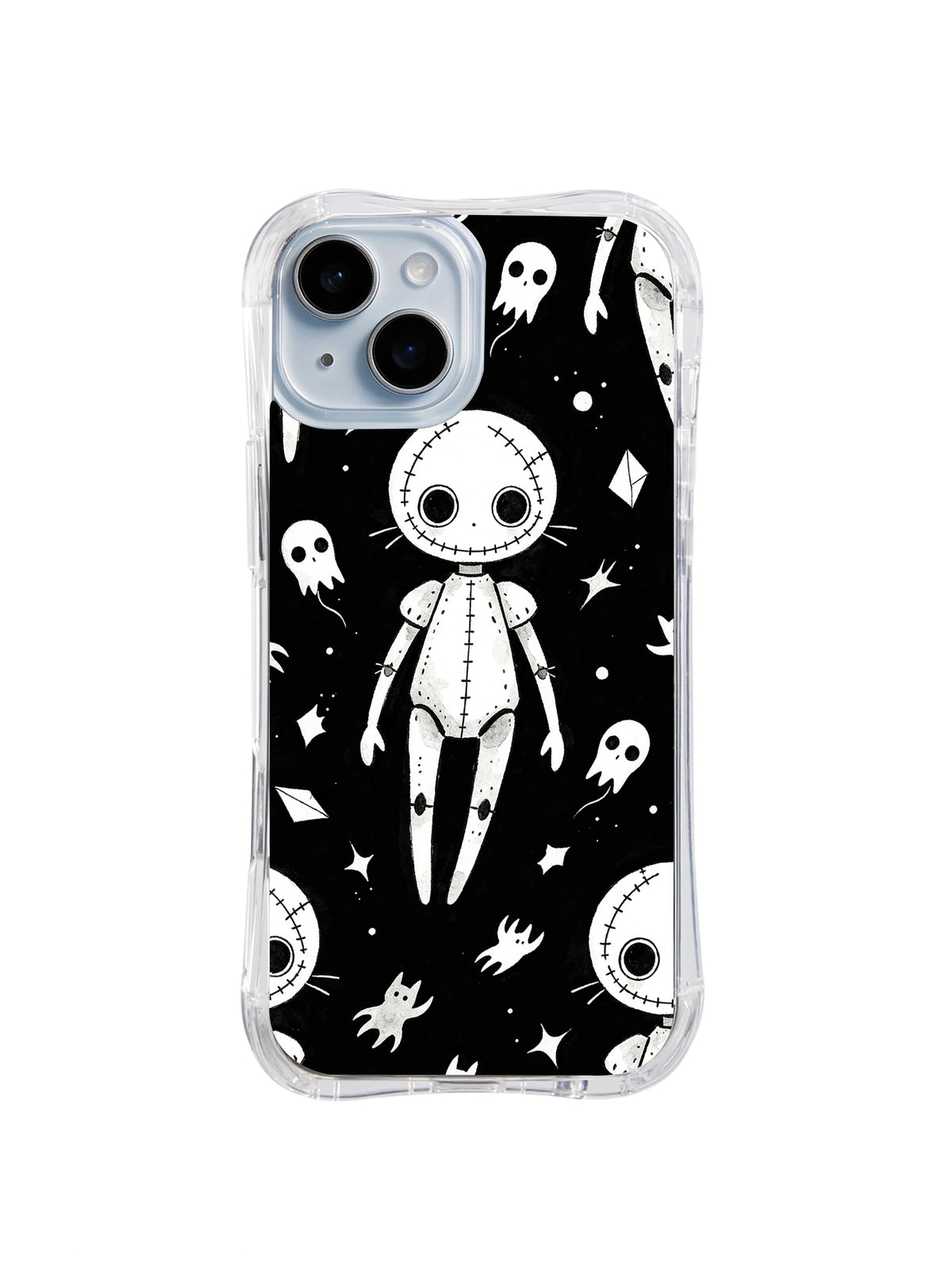 Button-Eyed Dream Keeper black and white creature artwork on iPhone 15 Plus case