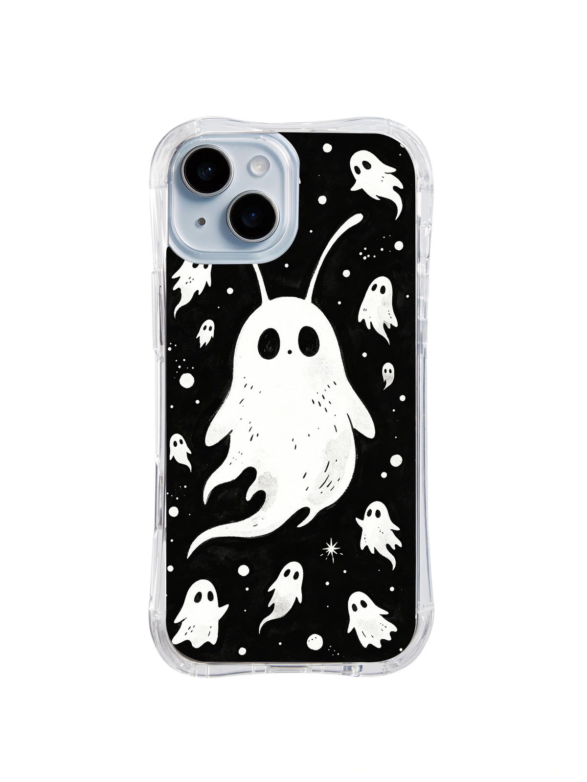 Gentle Midnight Visitor cute white ghost pattern on iPhone 15 Plus case
