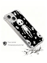 Black and white cute spirit iPhone 15 Plus case in angled product presentation