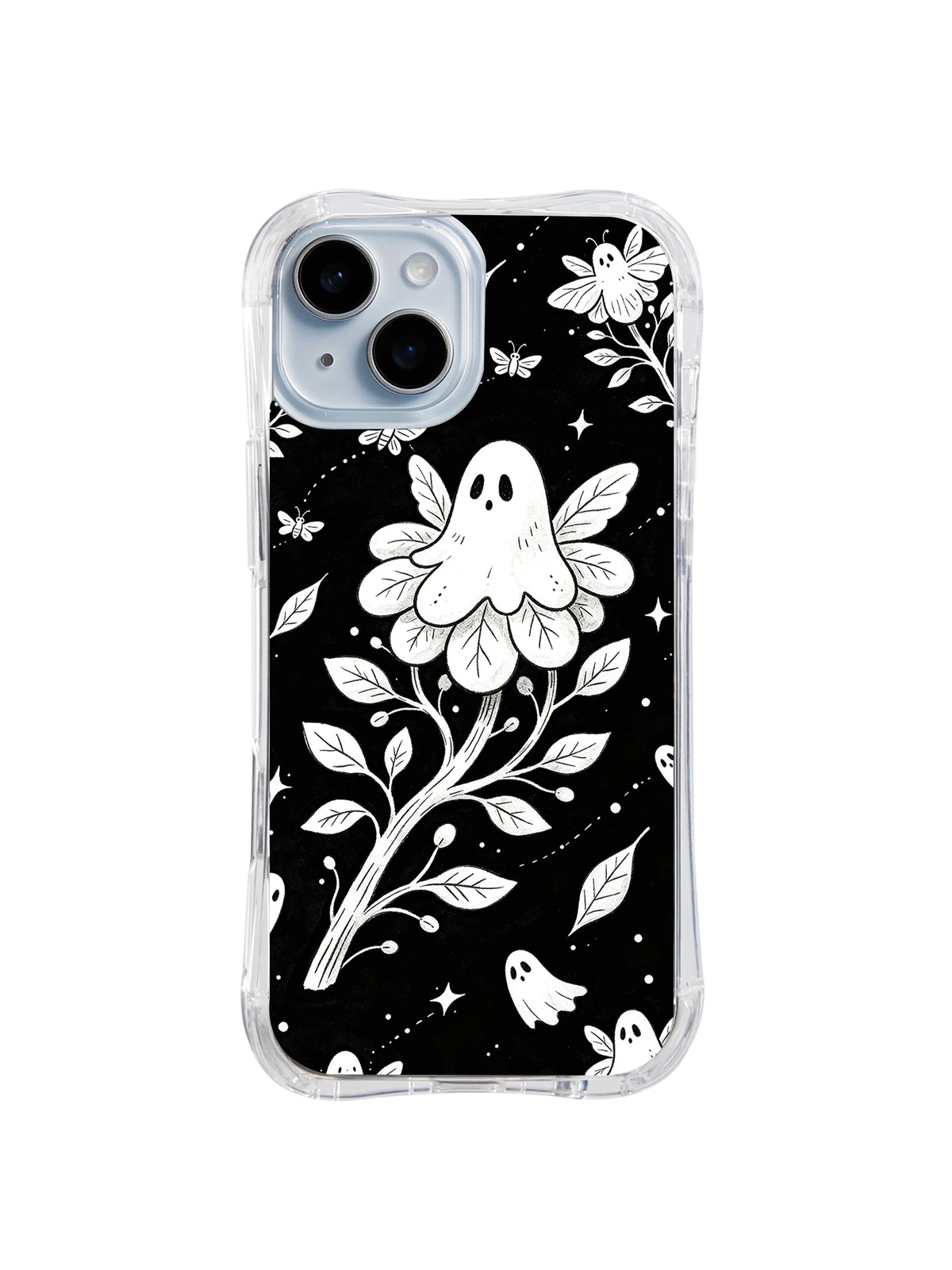 Phantom Flower Guardian floral ghost artwork on black iPhone 15 Plus case