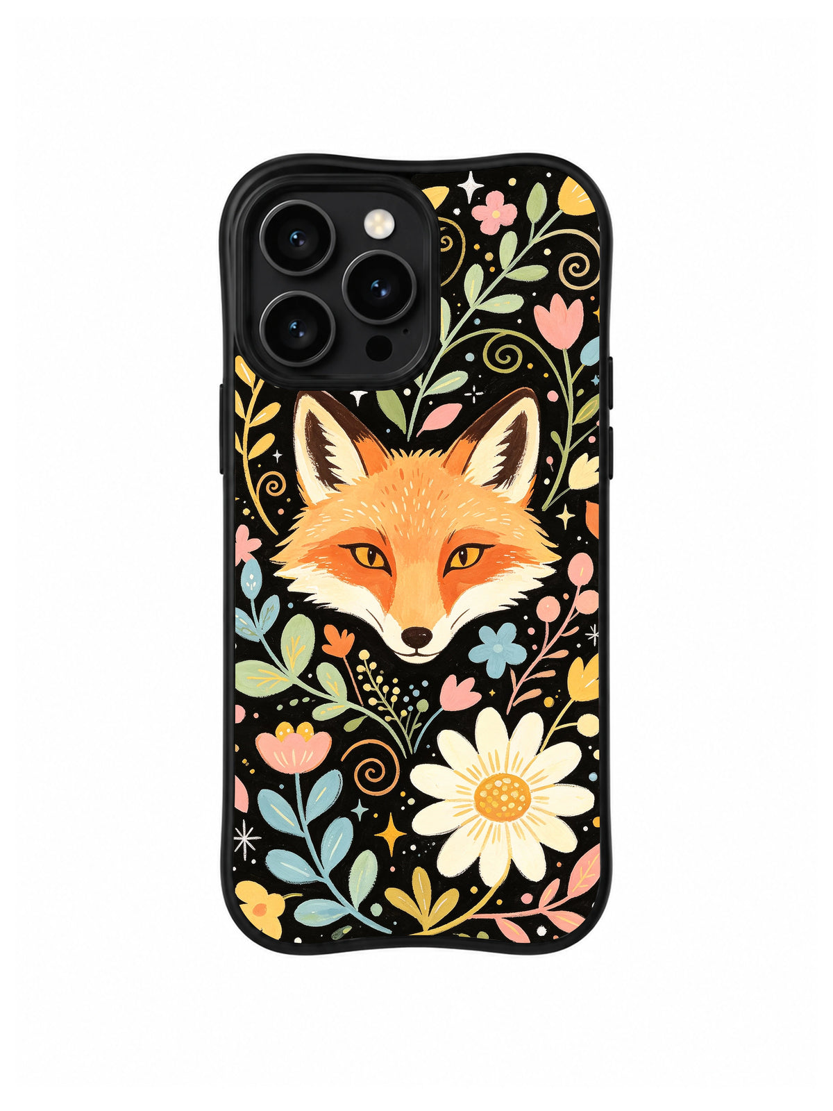 Fox in Wildflower Vines: An orange fox rests among pastel flowers, vines and small stars on black.