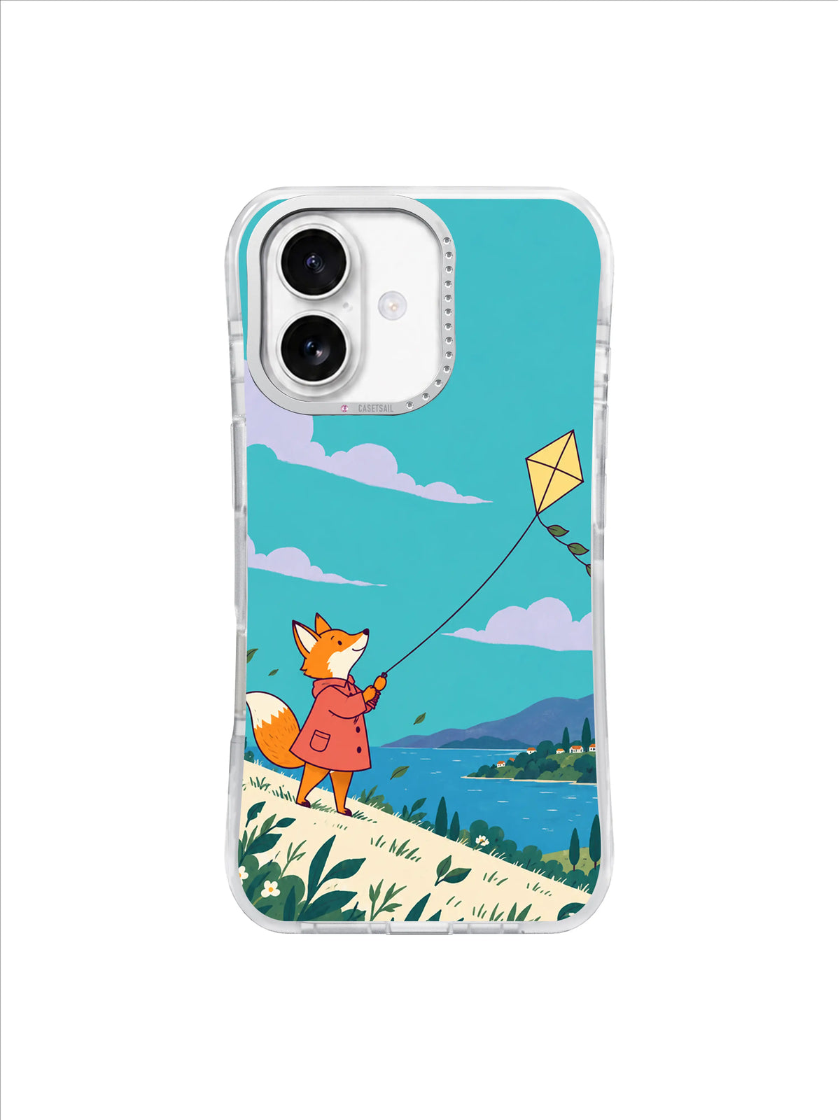 Hillside First Pull fox and kite artwork on an iPhone 17 case by Mila Vardon