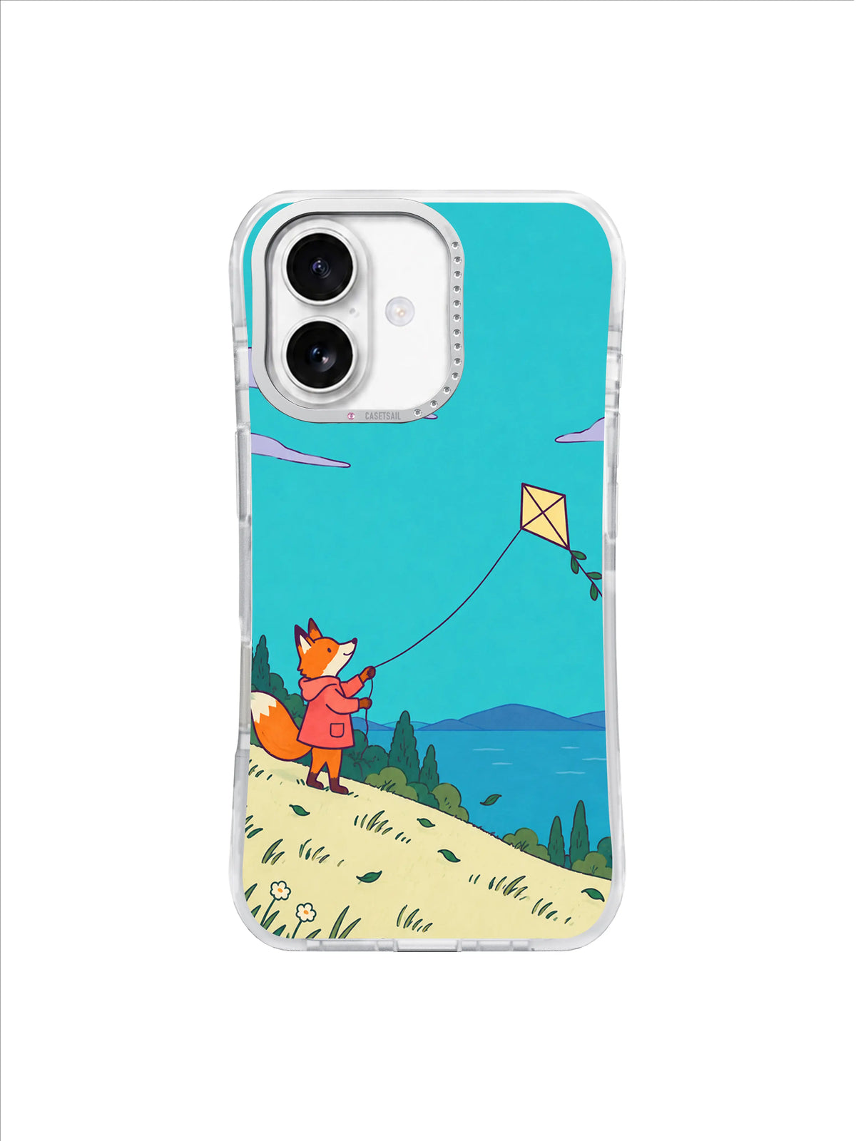 Meadow Tail Balance fox and kite artwork on an iPhone 17 case by Mila Vardon