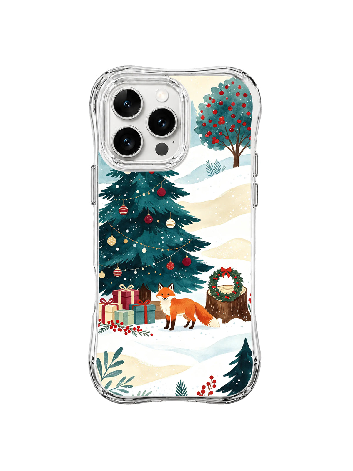 Fox at the Parcel Tree artwork with red berry sprigs, snowy terraces and a curious fox