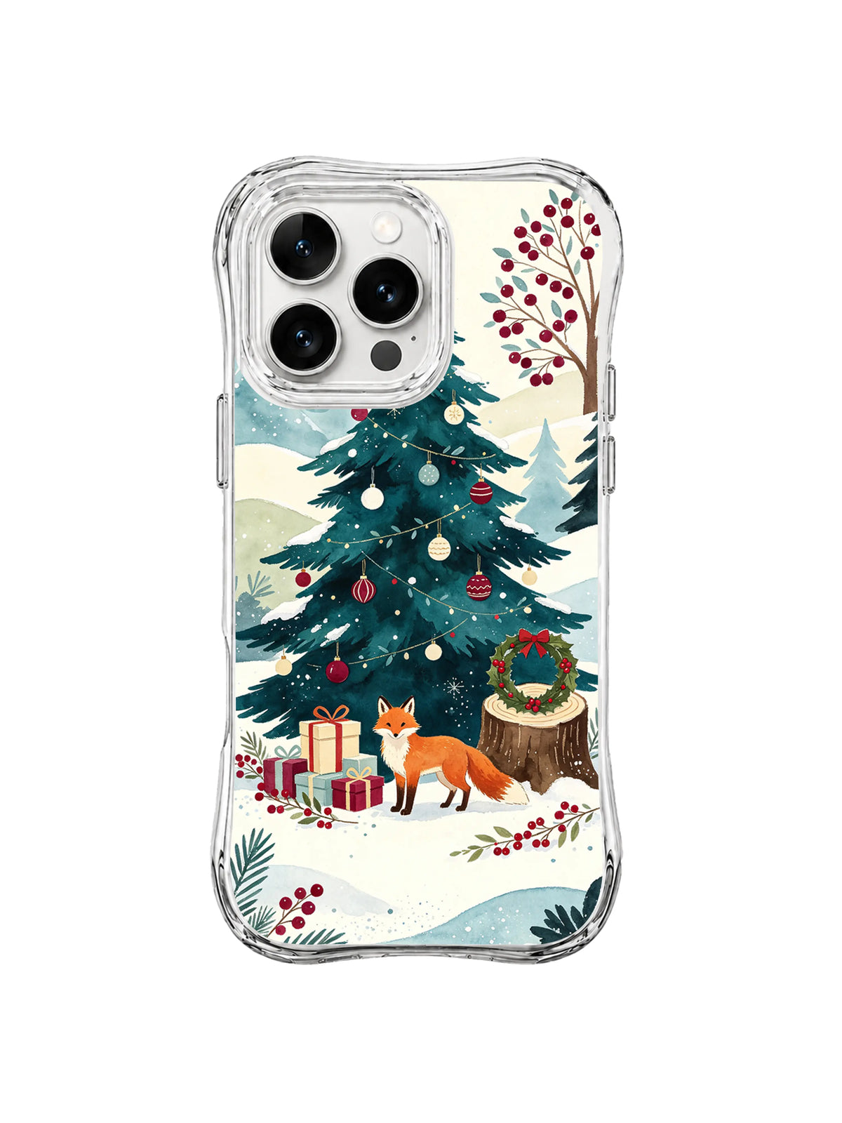 Fox at the Parcel Tree iPhone 16 Pro case showing a cranberry tree, evergreen and fox in snow