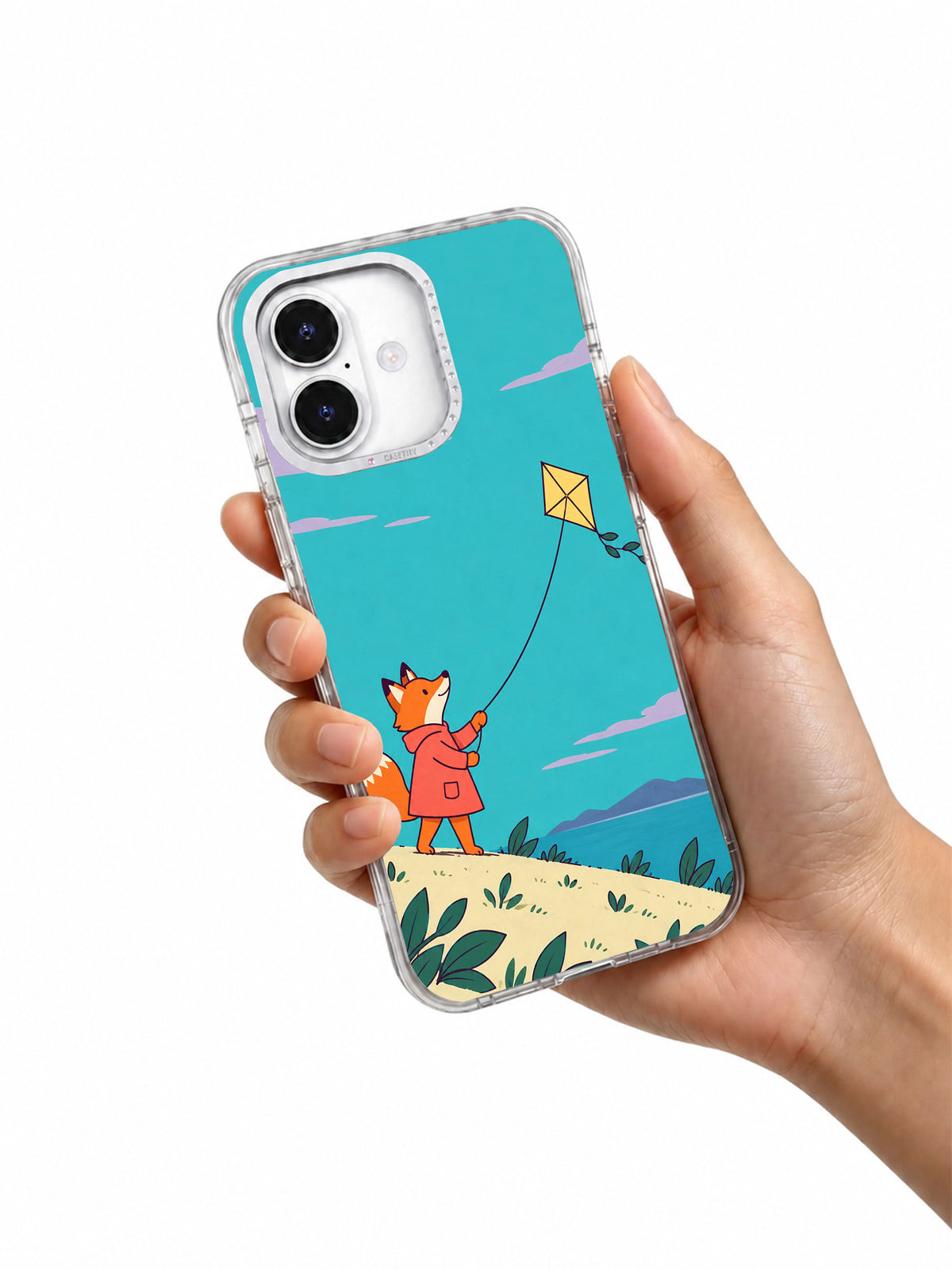 Fox and the Uncooperative Kite iPhone 17 Case held in hand