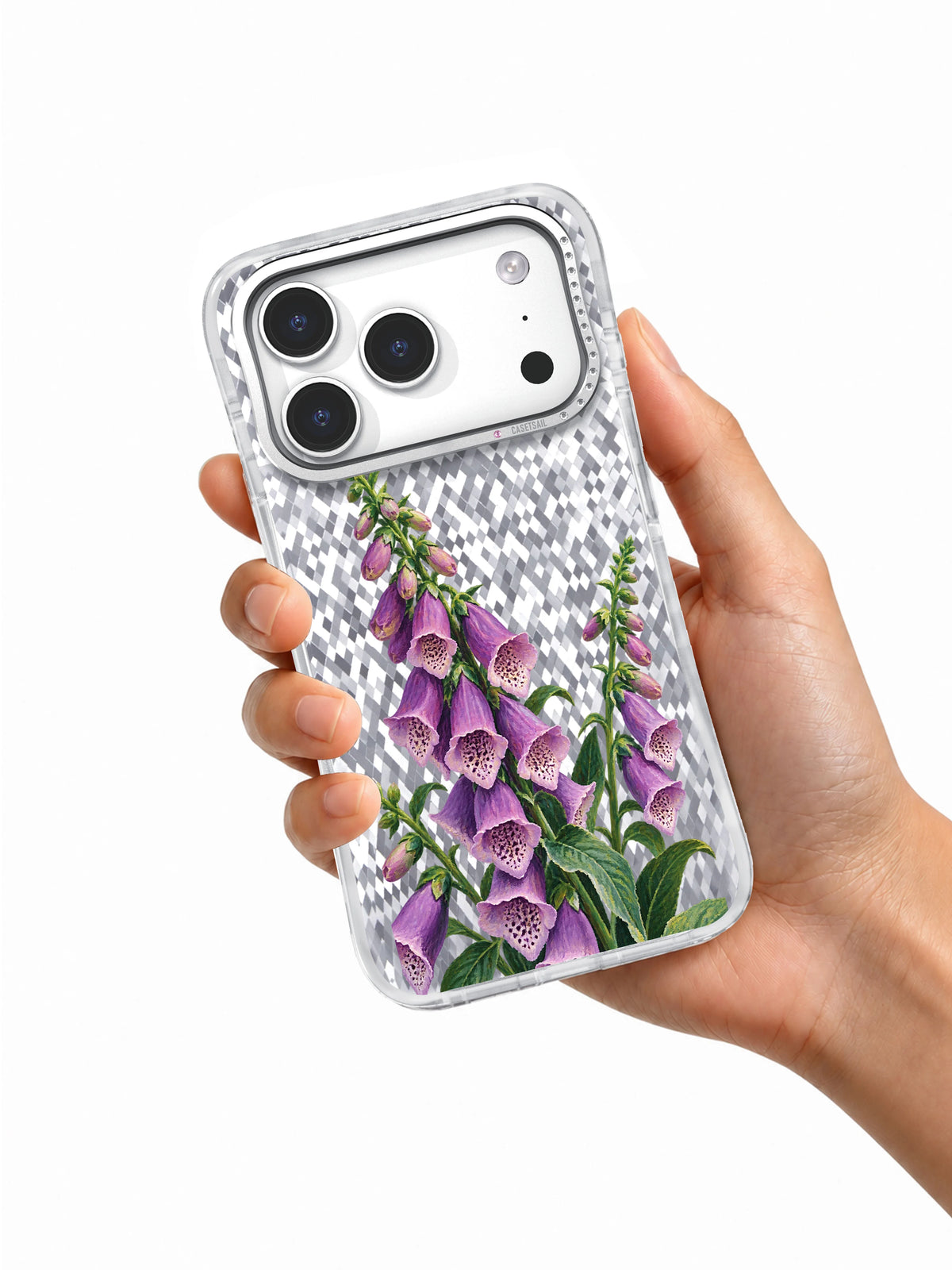 Foxglove Measure transparent iPhone case held in hand