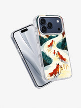 Angled clear iPhone case showing Foxlight Homeward winter fox artwork