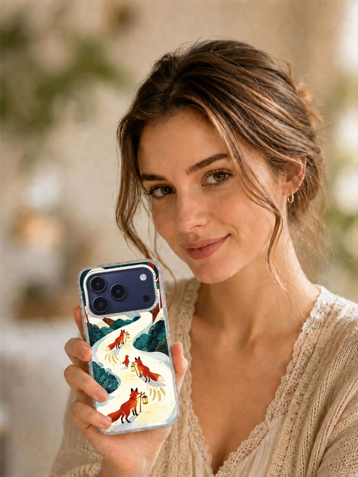 Lifestyle view of Foxlight Homeward fox artwork on an iPhone case