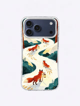 Golden-tail fox guide on a snowy teal woodland phone case artwork