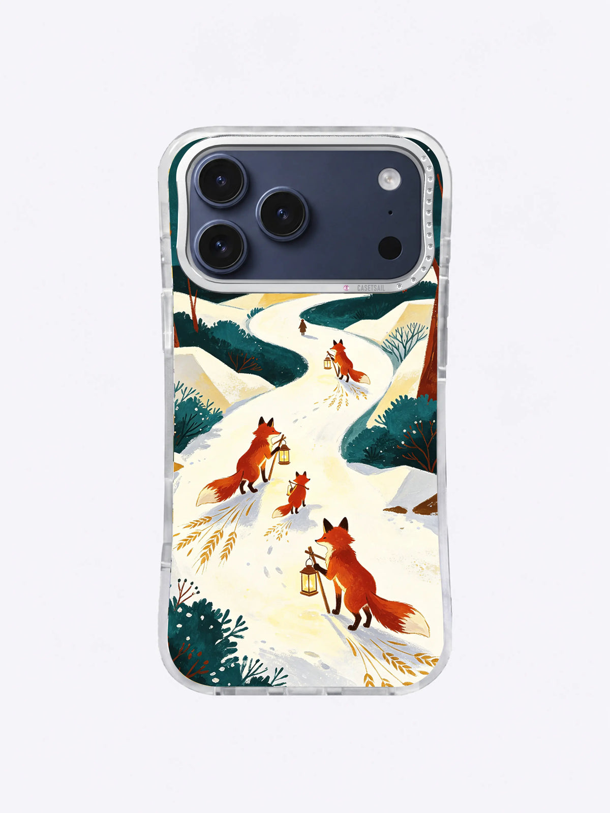 Young red fox looking back along a cream winter path phone case design