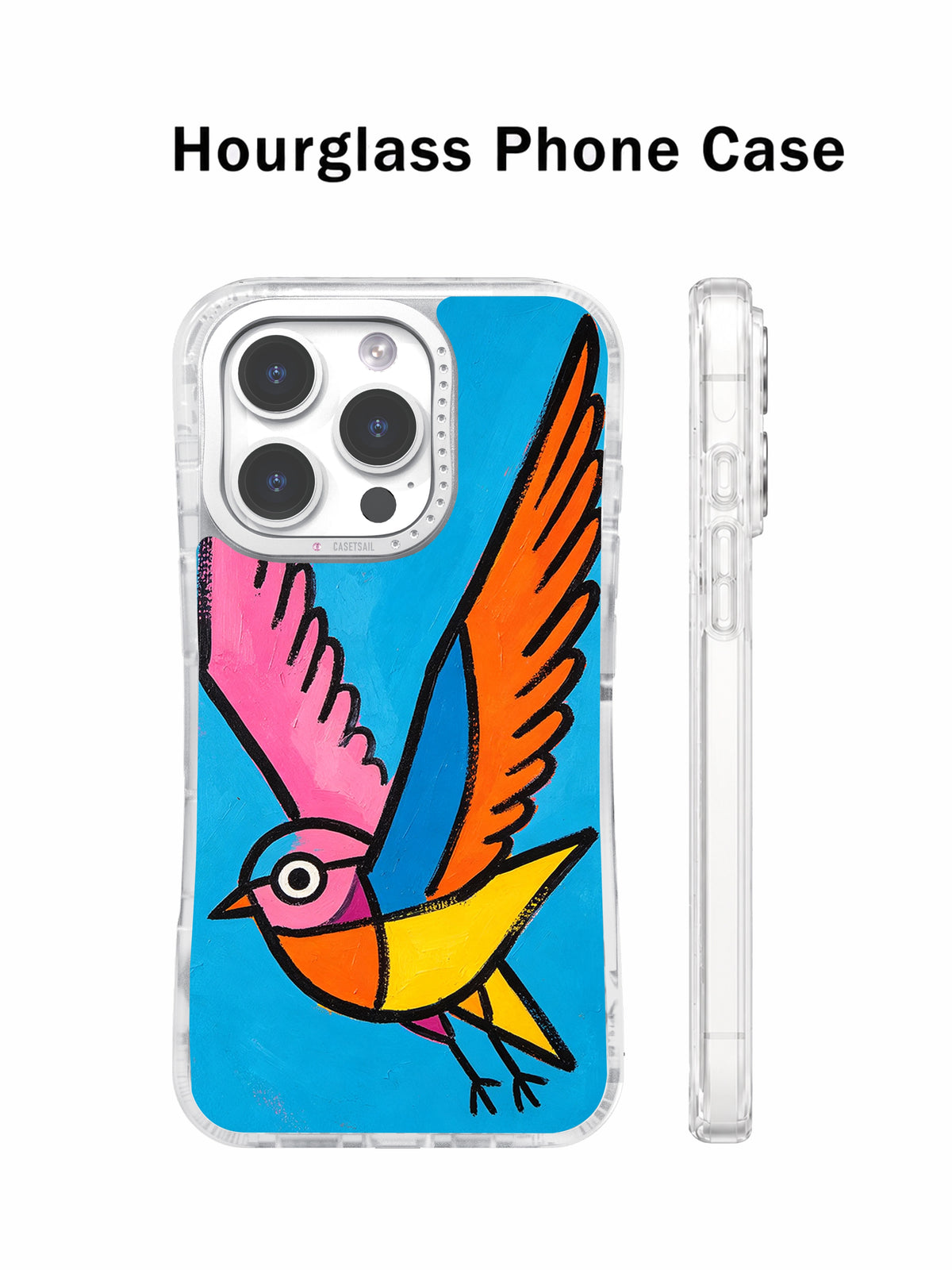 Colorful flying bird phone case front and side profile