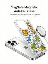 Friendly monster zoo character group artwork on an iPhone 15 Pro case