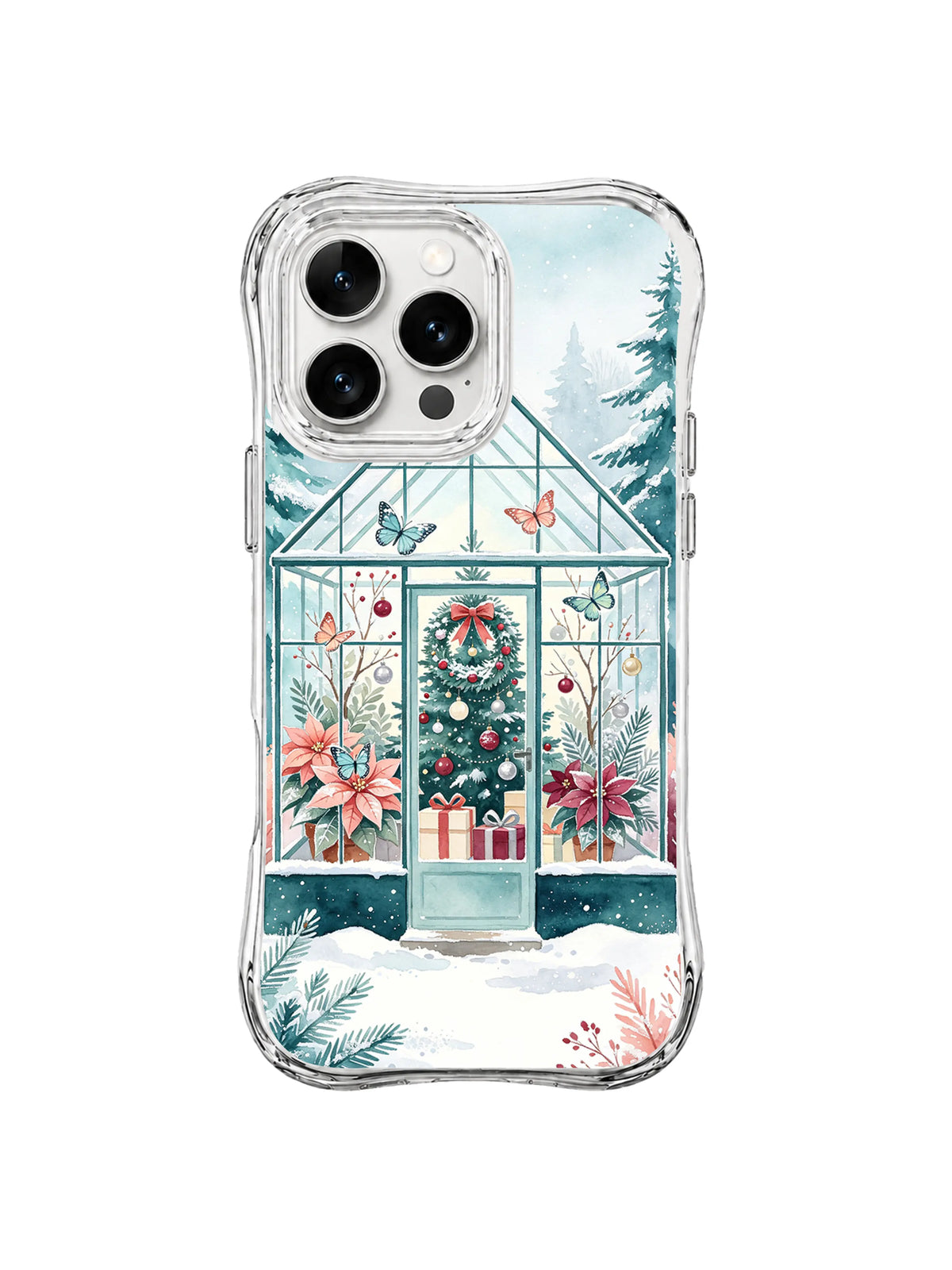 Frost Butterfly Conservatory iPhone 16 Pro case showing icy-aqua framing, poinsettias and snow