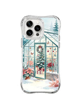 Frost Butterfly Conservatory artwork with coral poinsettias, icy pines and greenhouse panels