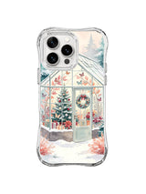 Frost Butterfly Conservatory illustration with an open glasshouse door, wreath and winter flowers