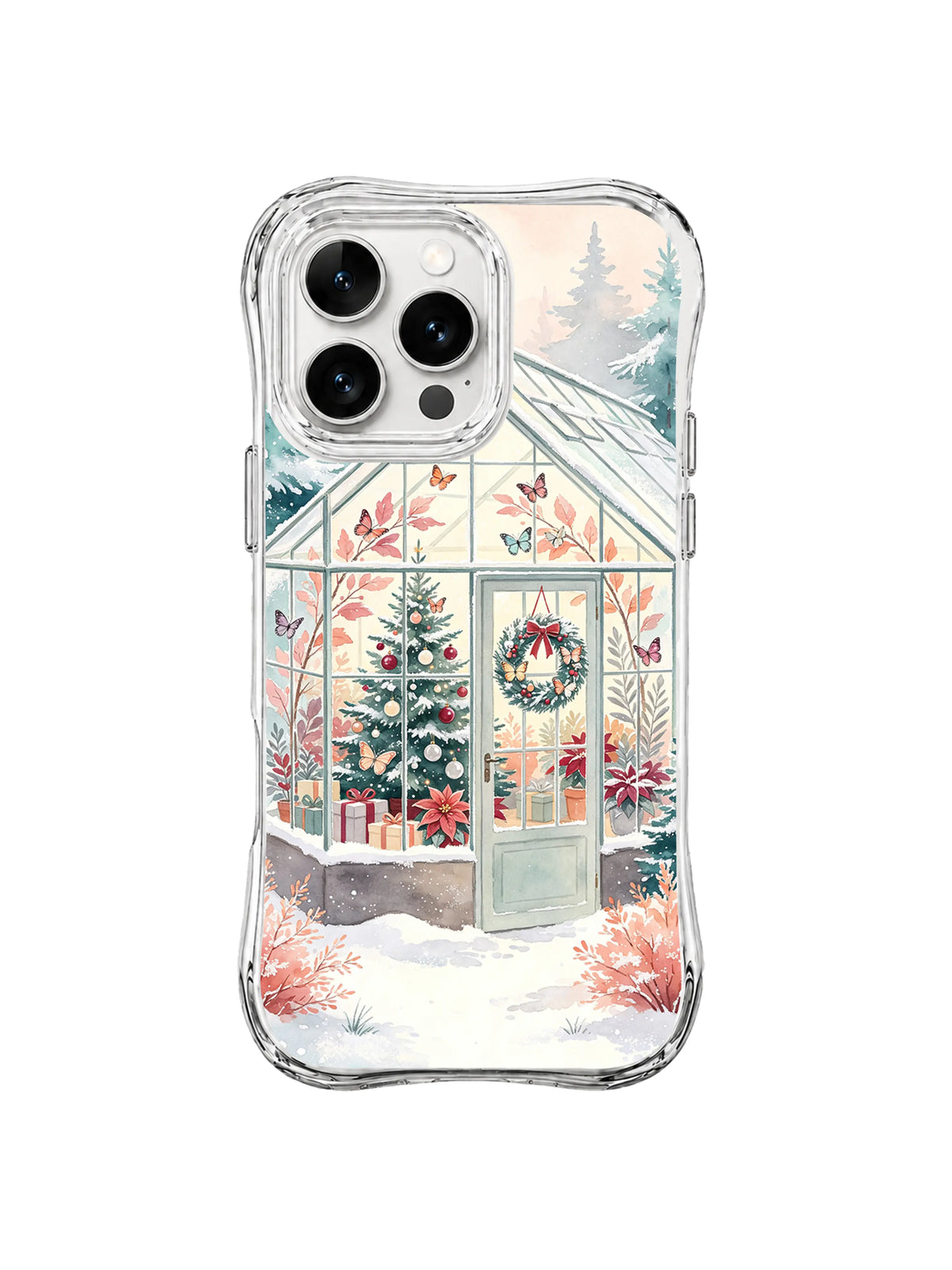 Frost Butterfly Conservatory illustration with an open glasshouse door, wreath and winter flowers