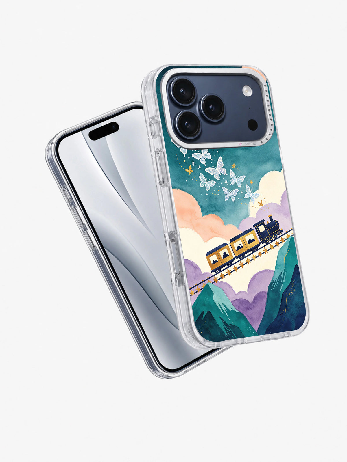 Angled front and back view of Frostwing Dream Train artwork on a clear iPhone 17 Pro Max case