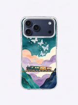 Emerald Bridge Constellation iPhone case artwork with a long train, star-tile bridge, butterfly sky, and green peaks