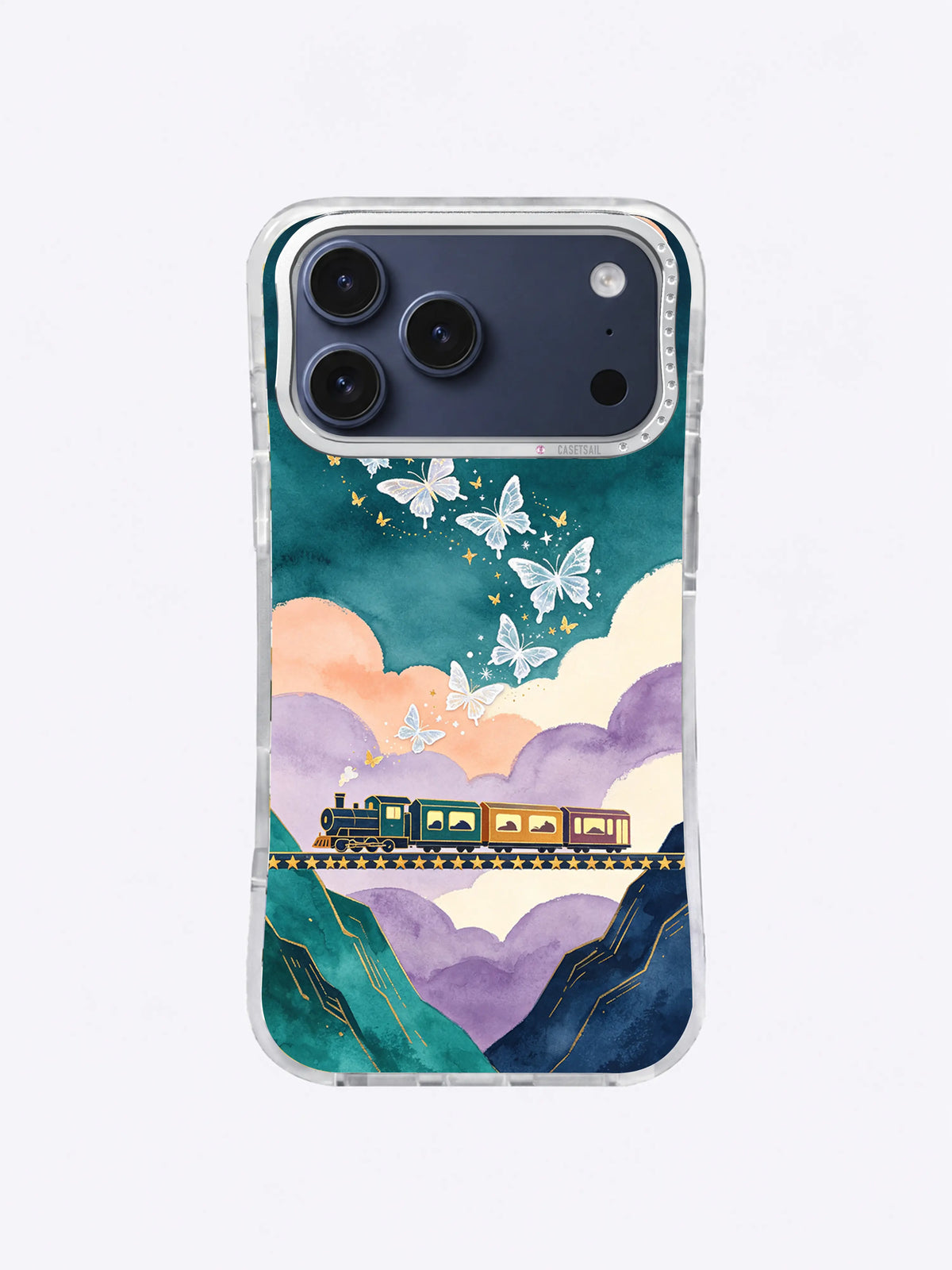 Emerald Bridge Constellation iPhone case artwork with a long train, star-tile bridge, butterfly sky, and green peaks