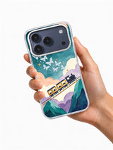 Hand holding a clear iPhone 17 Pro Max case printed with Frostwing Dream Train butterfly artwork