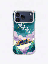 Ivory Butterfly Passage iPhone case artwork with a small dream train, ivory frost butterflies, moonlit clouds, and mountain layers