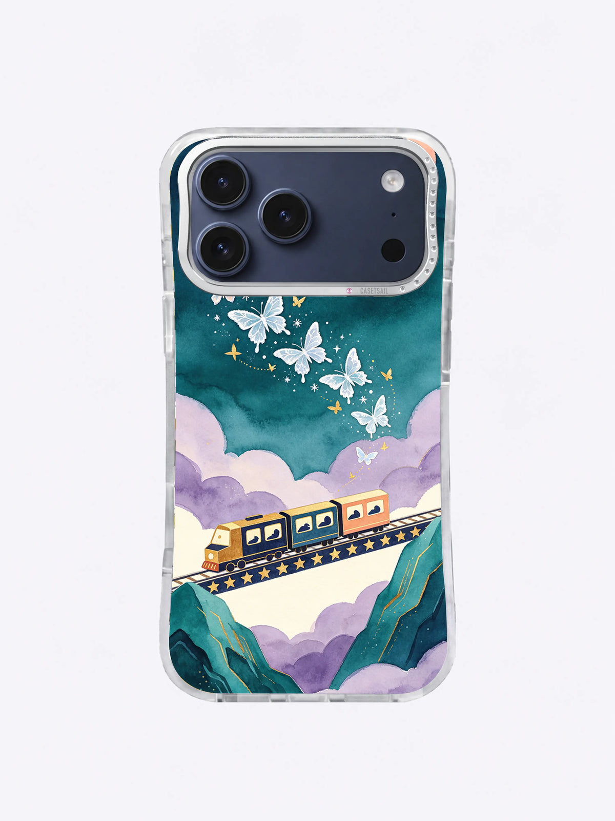 Ivory Butterfly Passage iPhone case artwork with a small dream train, ivory frost butterflies, moonlit clouds, and mountain layers