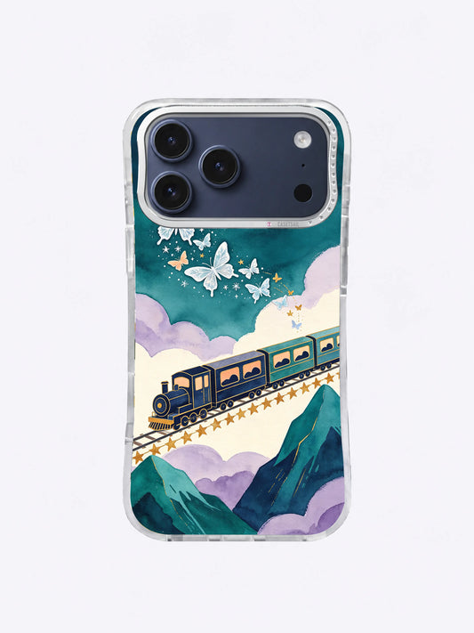 Navy Rail Frostwings iPhone case artwork with a navy train, ivory butterflies, emerald mountains, and lilac clouds