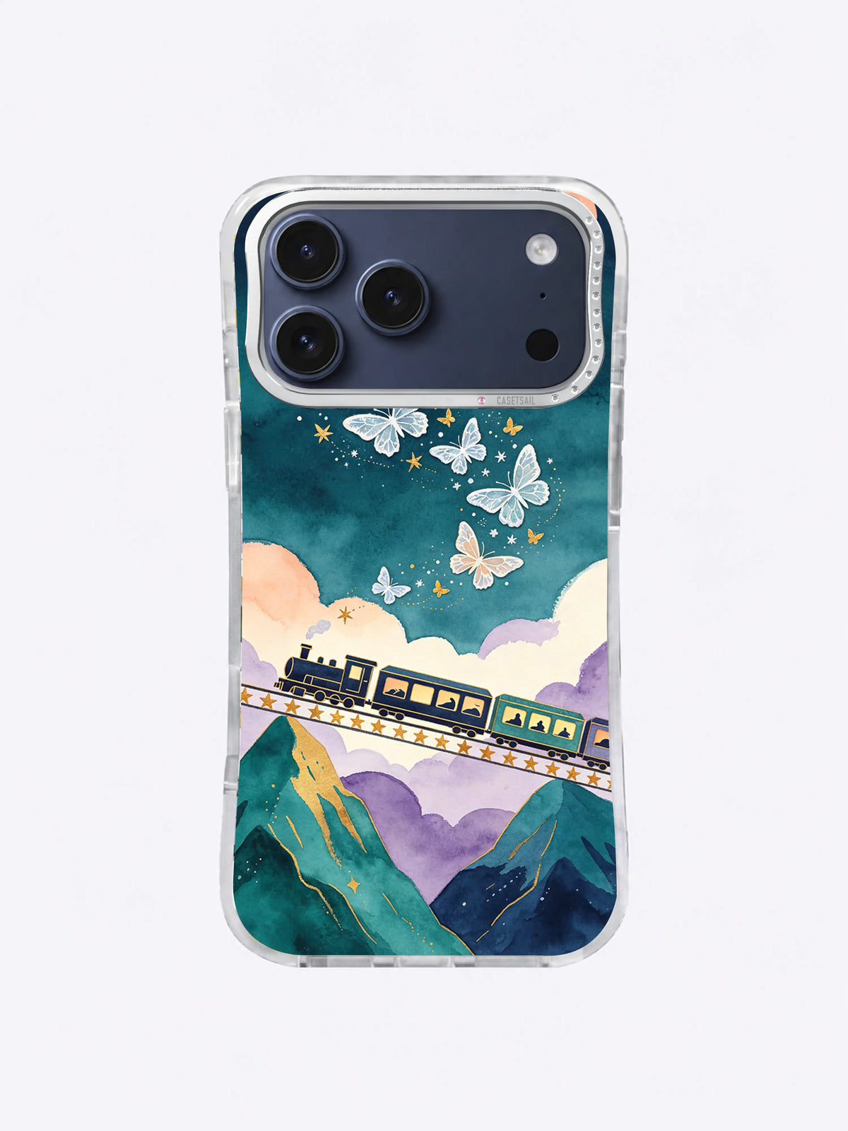 Peach Moon Carriages iPhone case artwork with a colorful train, peach moon, frost butterflies, and layered mountains