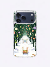 Frostwing Orchard iPhone 17 Pro Max case featuring rabbits, winter fruit and a pale butterfly in layered trees