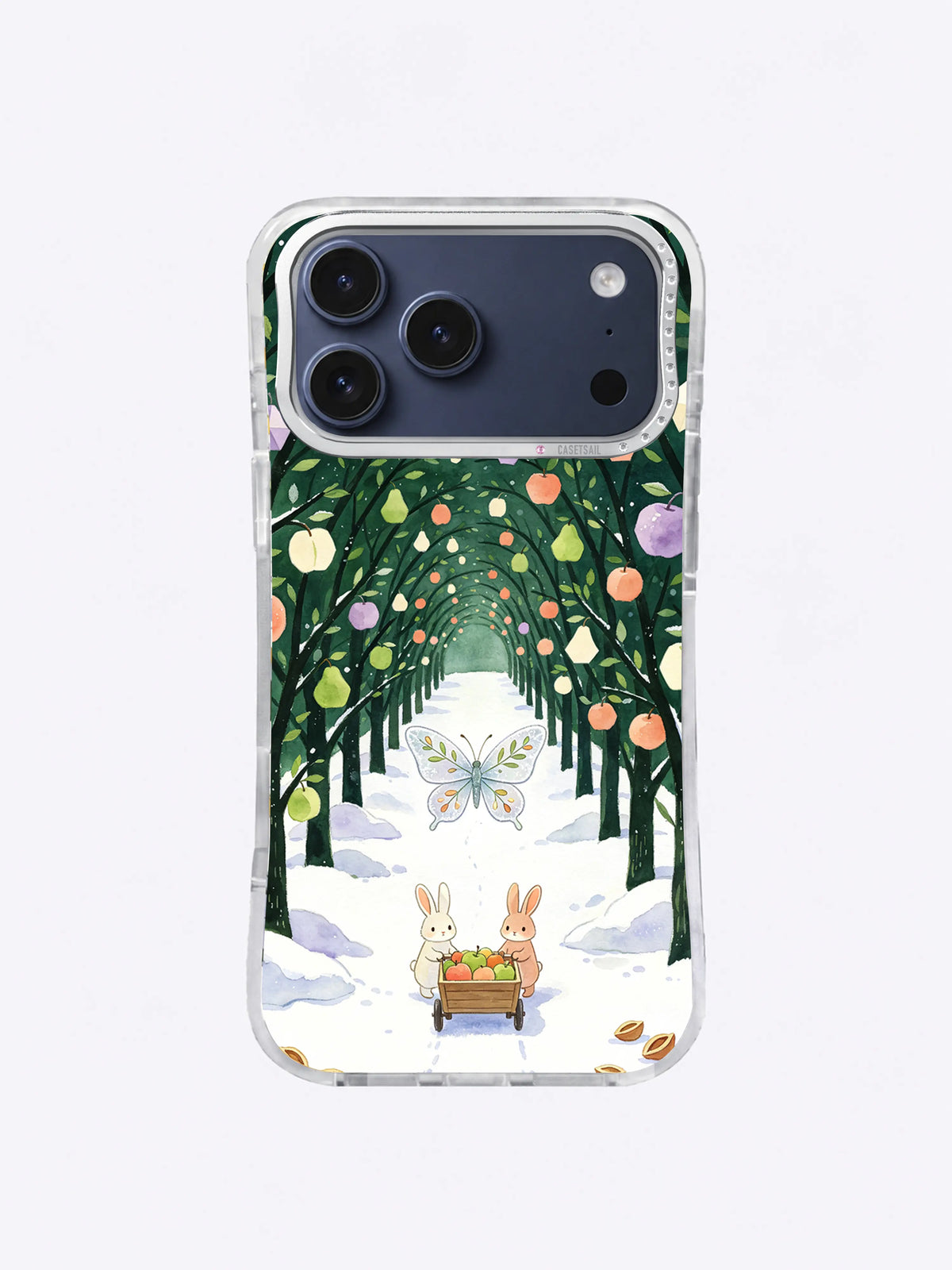 Frostwing Orchard iPhone 17 Pro Max case featuring rabbits, winter fruit and a pale butterfly in layered trees