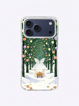 Frostwing Orchard iPhone 17 Pro Max case with oversized frost butterfly above a geometric fruit-tree tunnel